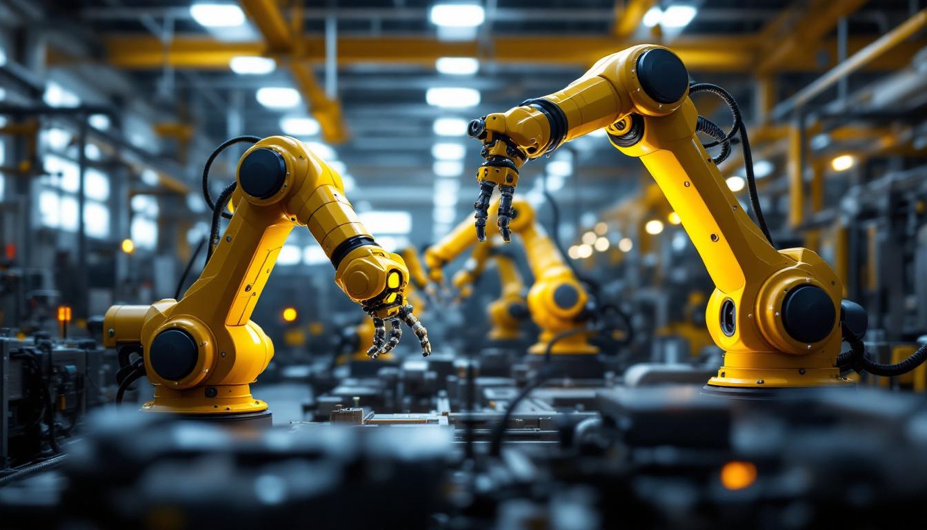 A photograph of a dynamic industrial setting showcasing energized robotic arms in action