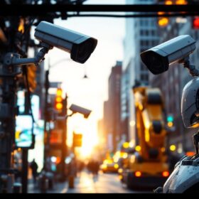 A photograph of a bustling urban scene in boston featuring cctv cameras monitoring the area