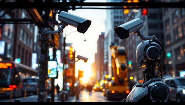 A photograph of a bustling urban scene in boston featuring cctv cameras monitoring the area