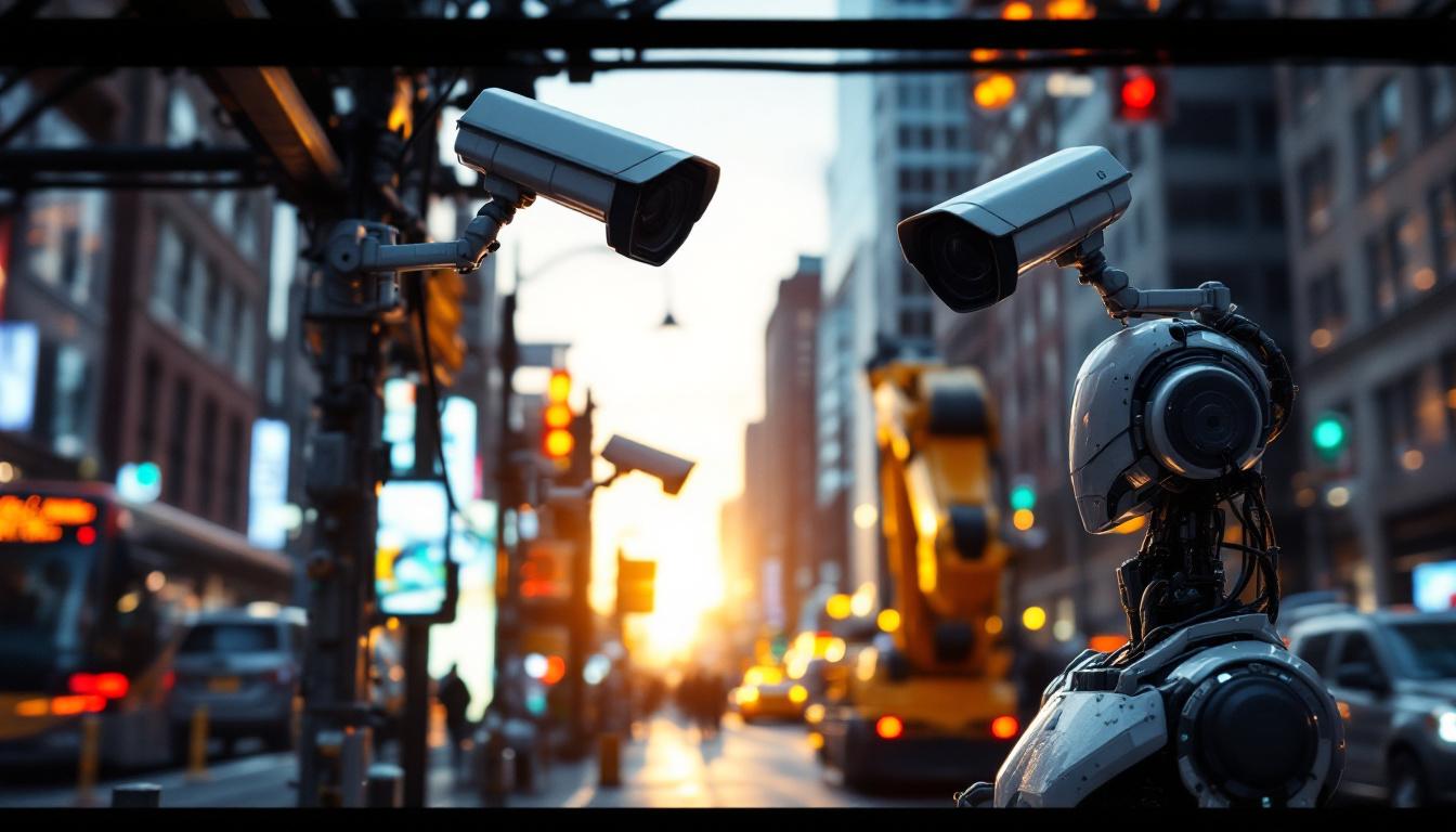 A photograph of a bustling urban scene in boston featuring cctv cameras monitoring the area