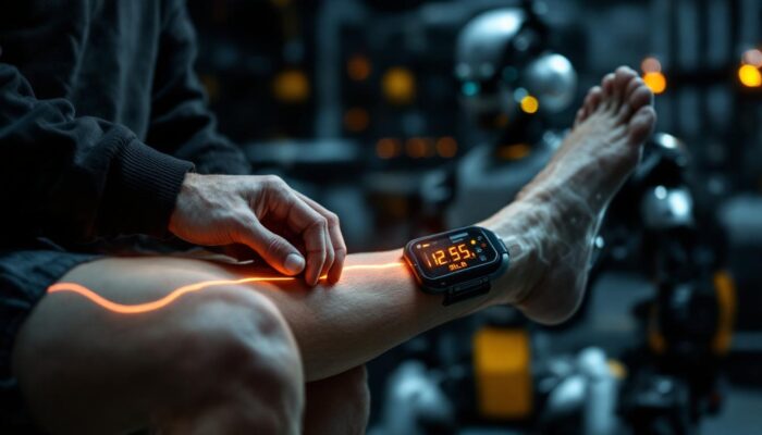 A photograph of a person using a tens unit on their legs while demonstrating the connection between technology and physical therapy