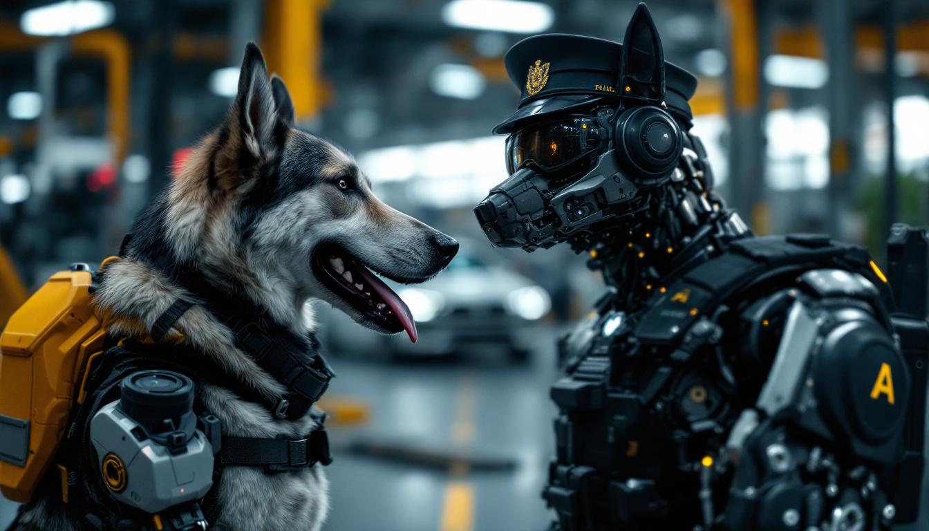 A photograph of a dynamic scene featuring a police dog in action alongside an industrial robot