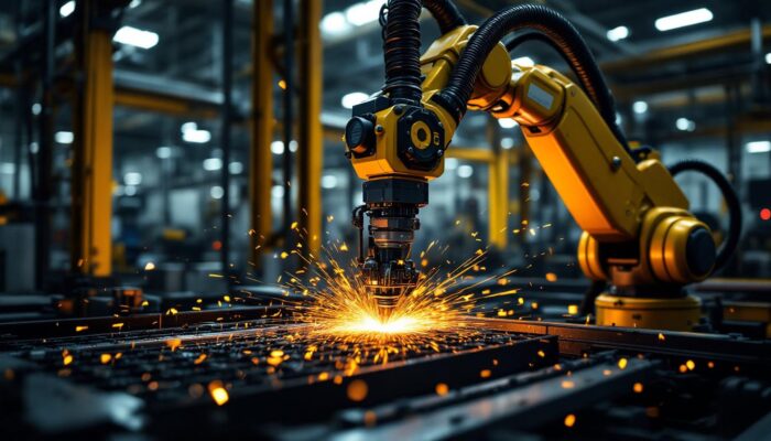 A photograph of a dynamic industrial setting showcasing a robotic arm in action