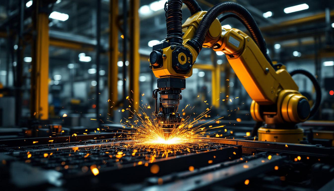 A photograph of a dynamic industrial setting showcasing a robotic arm in action