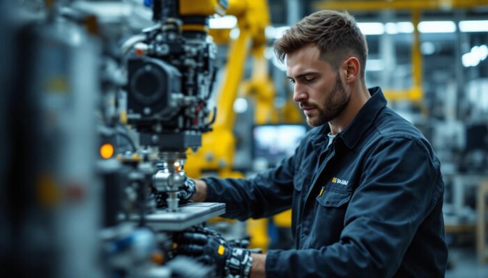 A photograph of a skilled sr engineering technician working on an industrial robot in a modern manufacturing environment