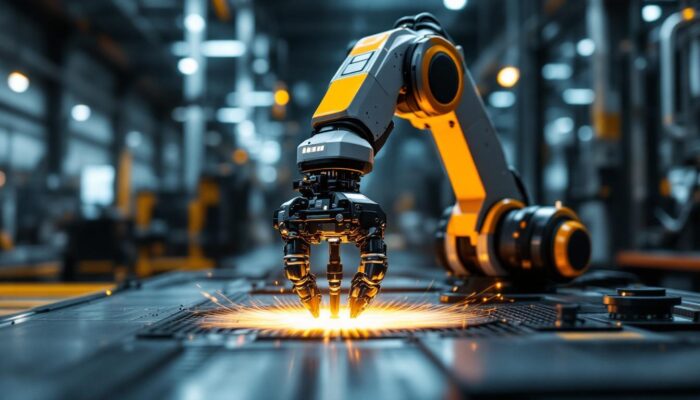 A photograph of a sleek industrial robotic arm in action