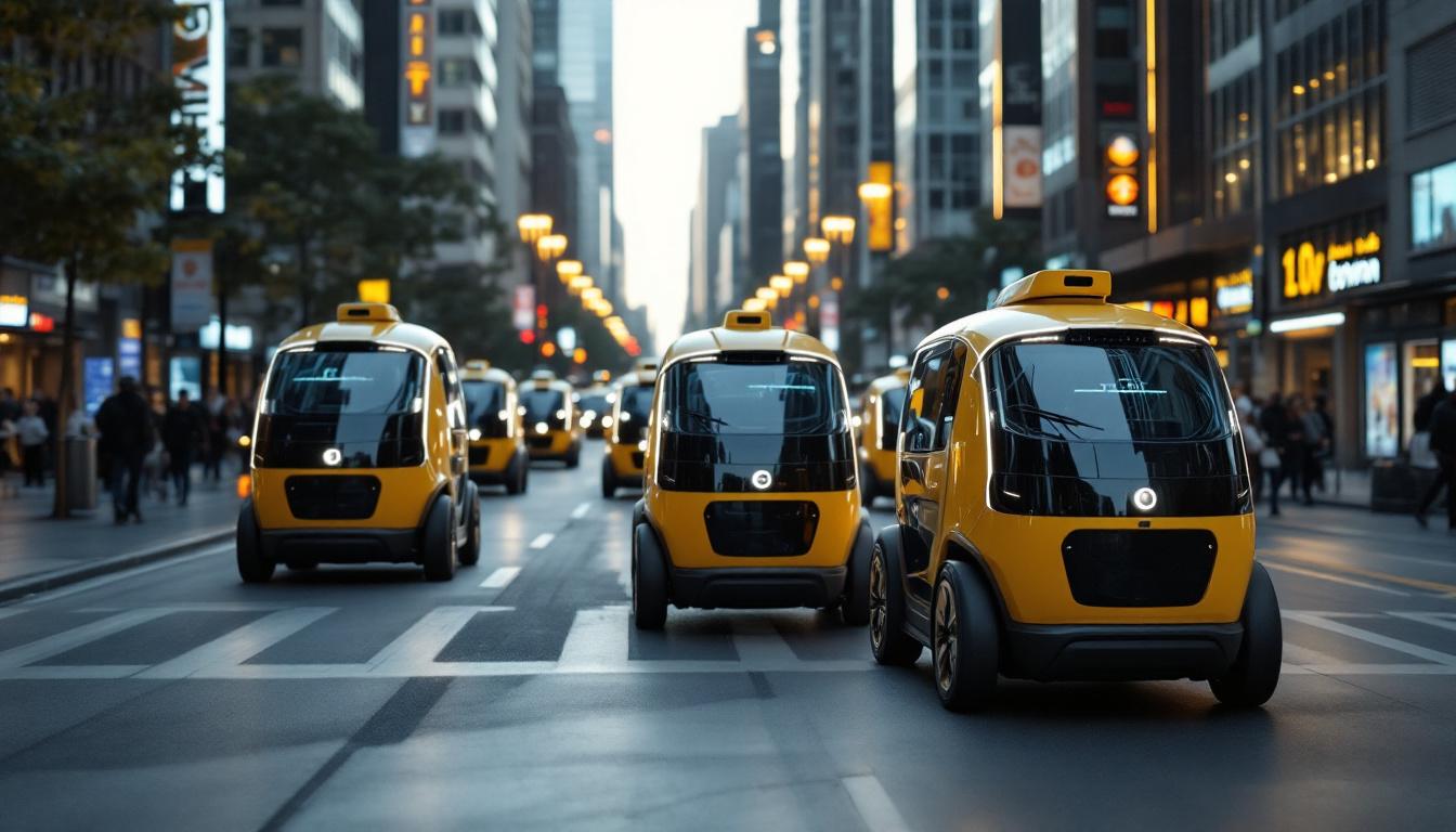 A photograph of a bustling urban environment featuring a fleet of autonomous vehicles or delivery robots in action