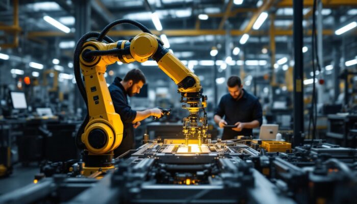 A photograph of a robotic arm in action within a modern industrial setting