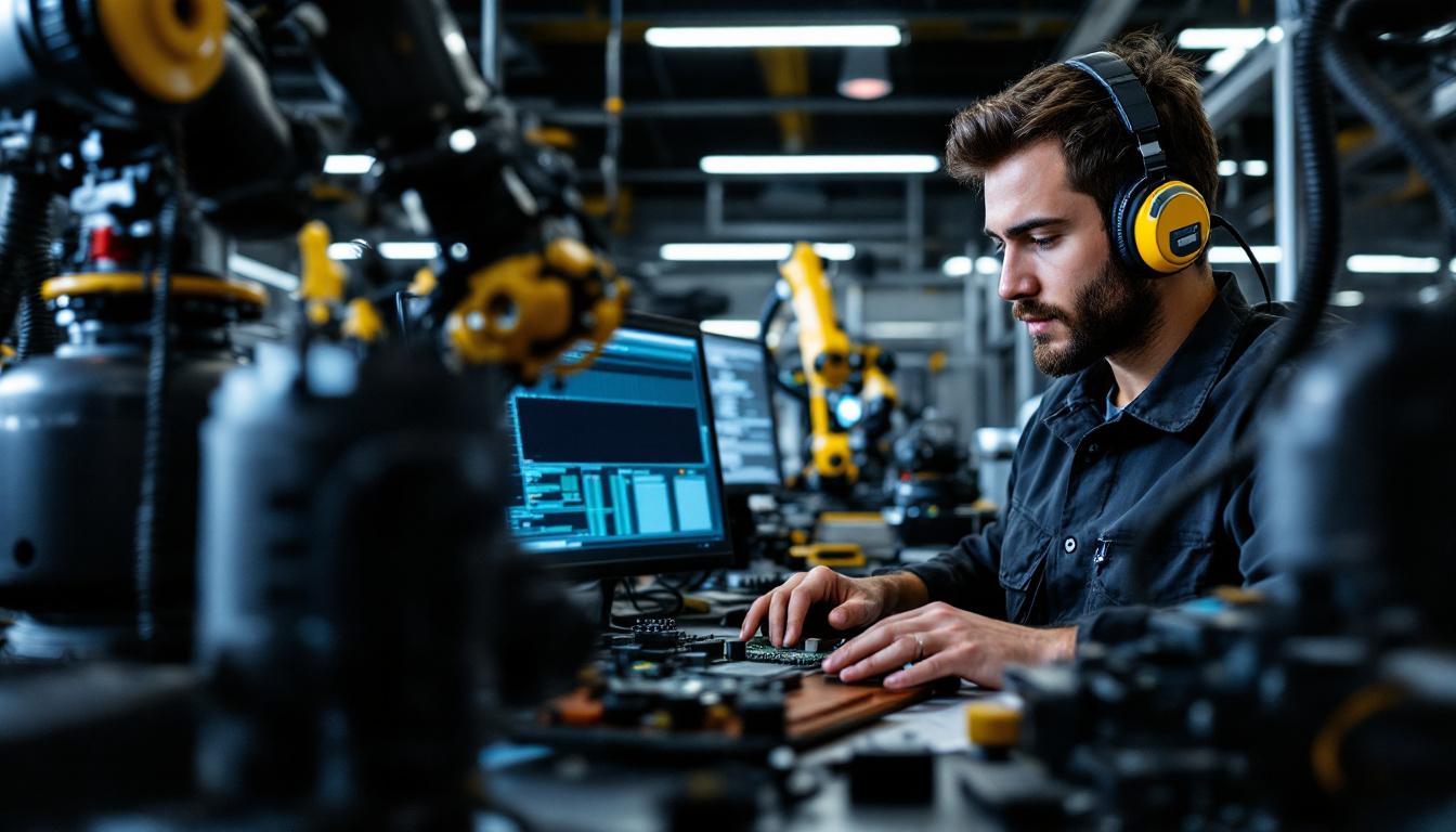 A photograph of a young engineer working on an fpga development board in a modern lab setting