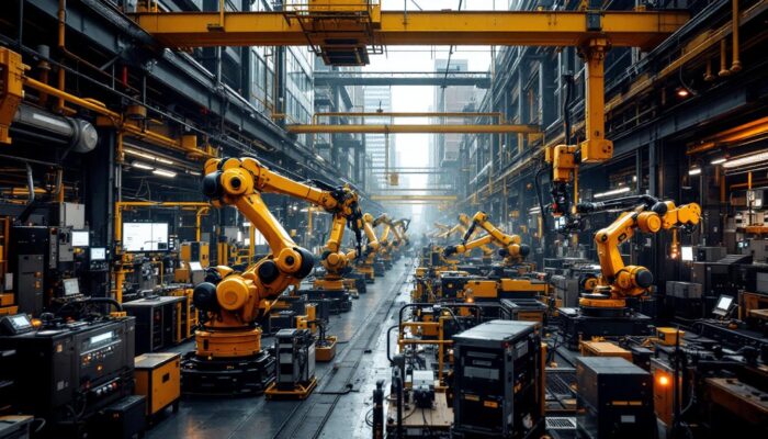 A photograph of a bustling boston industrial landscape featuring modern robotic systems in action