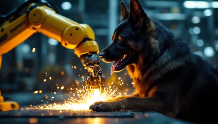 A photograph of a dynamic scene featuring a police dog in action alongside an industrial robotic arm