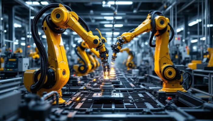 A photograph of a dynamic industrial robotics scene in a medical device manufacturing facility