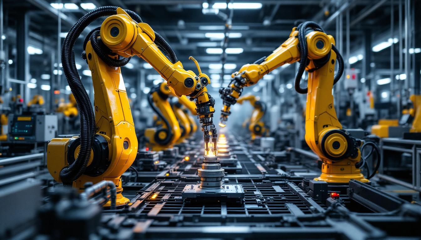 A photograph of a dynamic industrial robotics scene in a medical device manufacturing facility