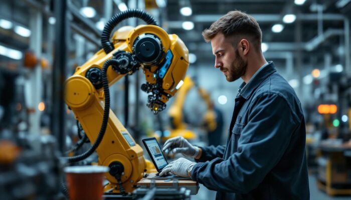A photograph of a skilled technician programming or operating an industrial robot in a modern manufacturing environment
