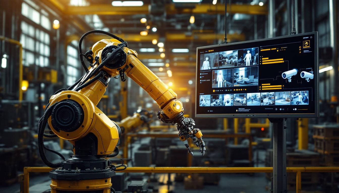 A photograph of a dynamic industrial setting featuring a robotic arm in action