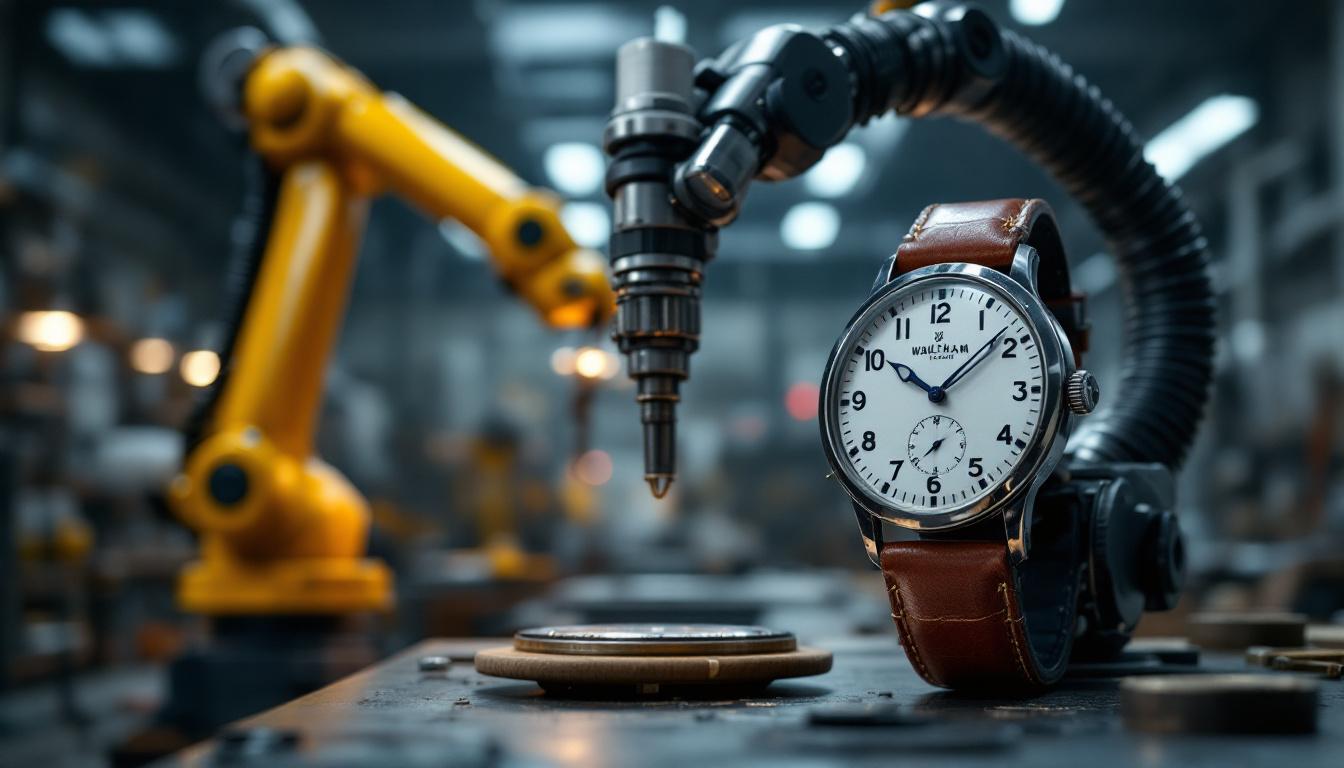 A photograph of a vintage waltham watch displayed alongside a sleek industrial robotic arm in a well-lit workshop setting
