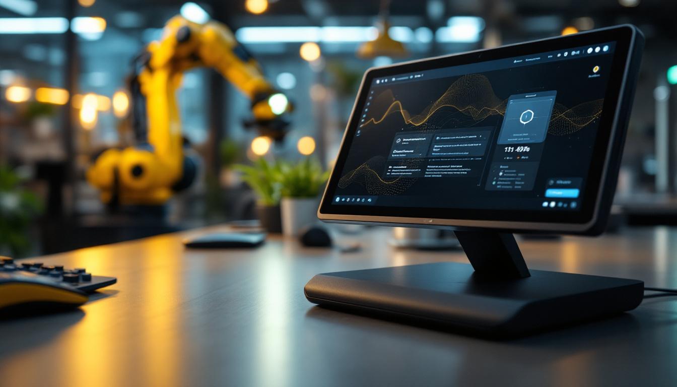 A photograph of a sleek mini monitor docking station in a modern workspace