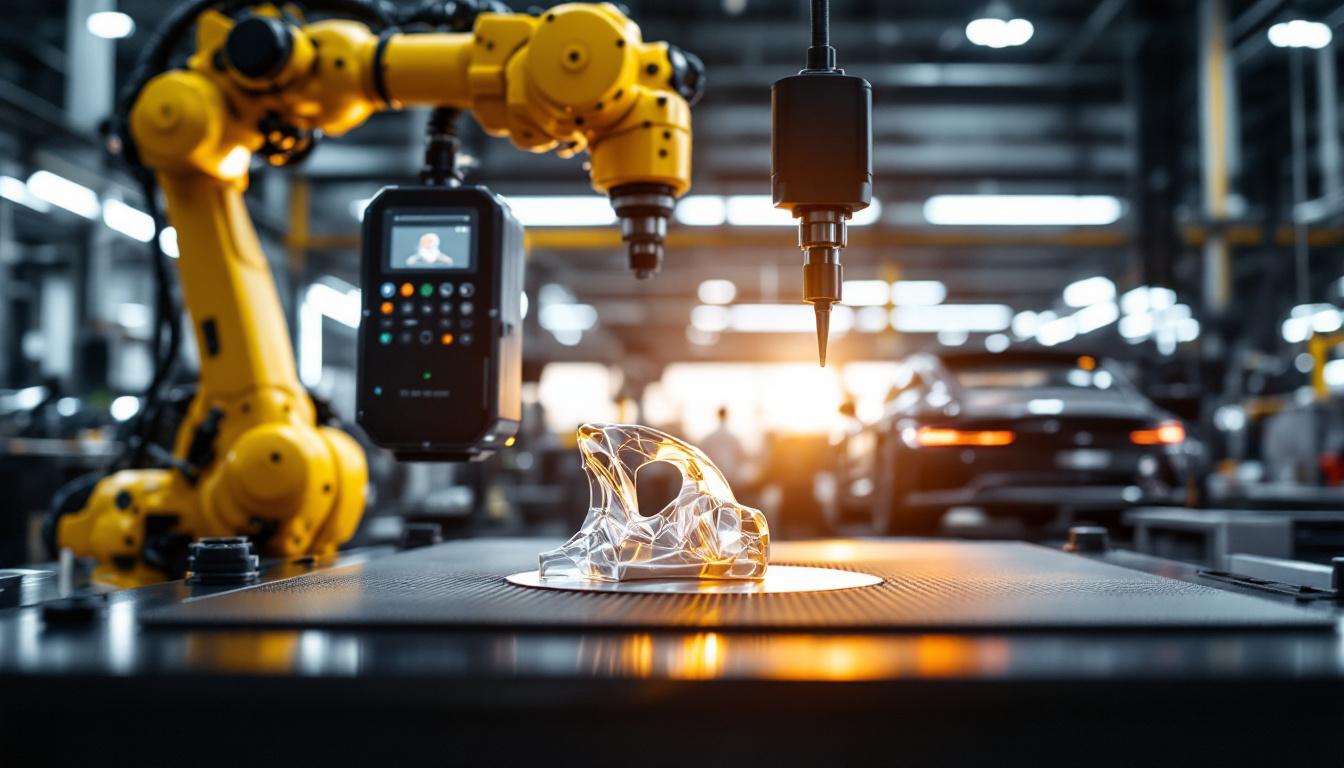 A photograph of a high-tech 3d scanner in action as it scans a sleek car