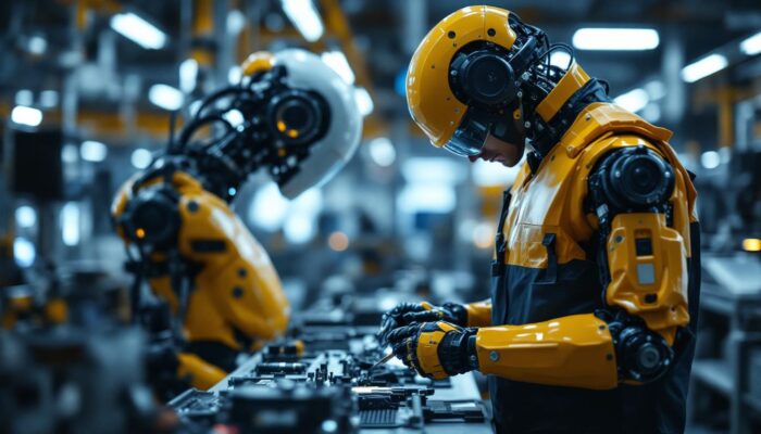 A photograph of a skilled technician working on an industrial robot in a high-tech environment