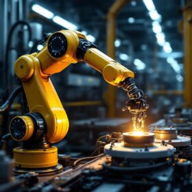 A photograph of a modern industrial robotic arm in action within a manufacturing environment