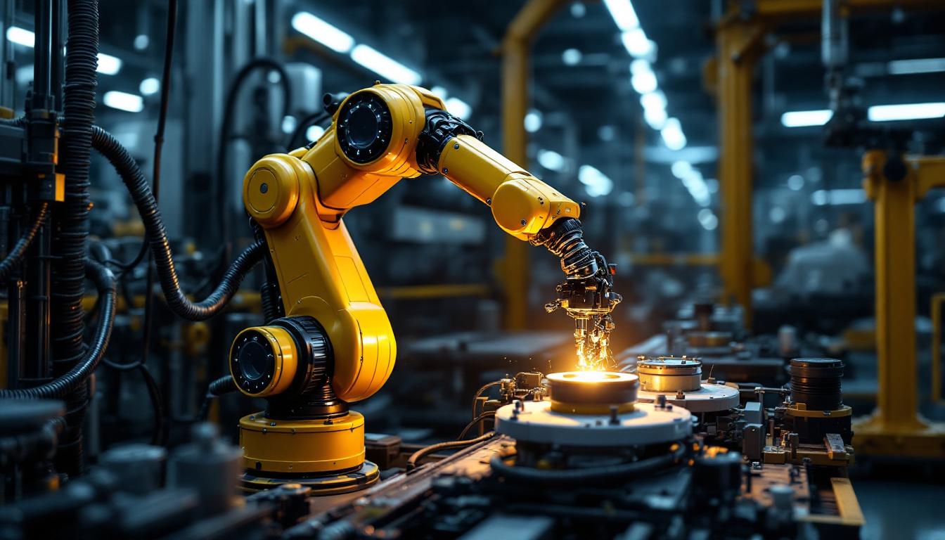 A photograph of a modern industrial robotic arm in action within a manufacturing environment