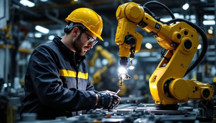 A photograph of a skilled engineer collaborating with an industrial robot in a modern manufacturing environment