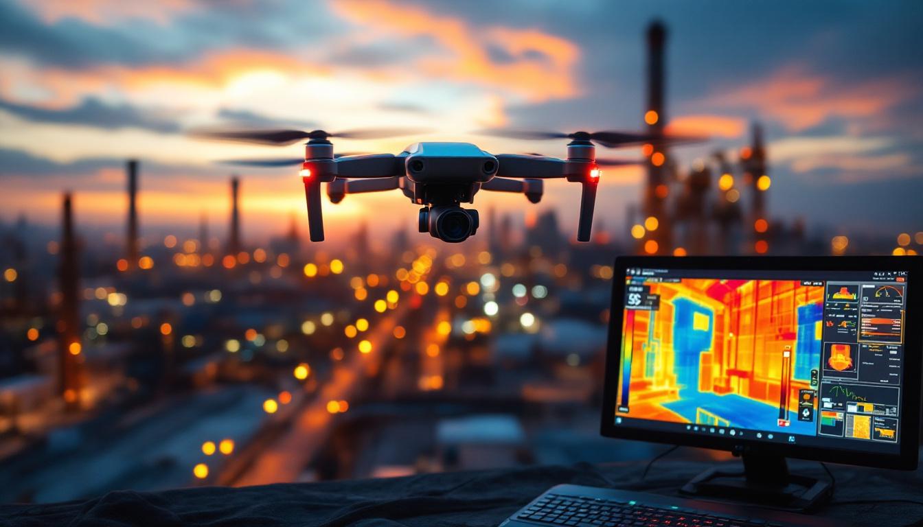 A photograph of capture a photograph of a drone equipped with a thermal camera soaring over an industrial site