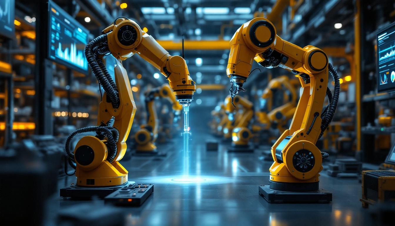 A photograph of a dynamic industrial setting featuring advanced robotics in action