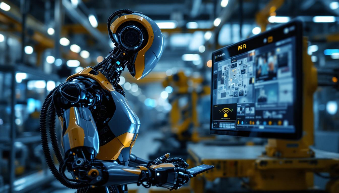 A photograph of a sleek industrial robot in action