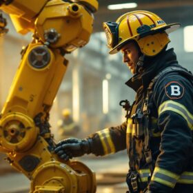 A photograph of a firefighter in full gear showcasing boston fire apparel while interacting with an industrial robot in a dynamic urban setting