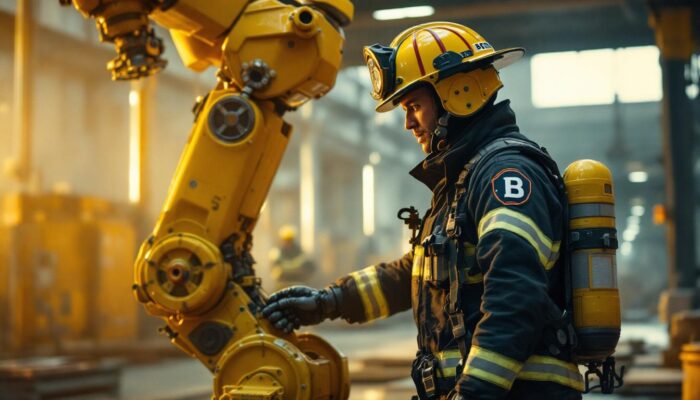 A photograph of a firefighter in full gear showcasing boston fire apparel while interacting with an industrial robot in a dynamic urban setting