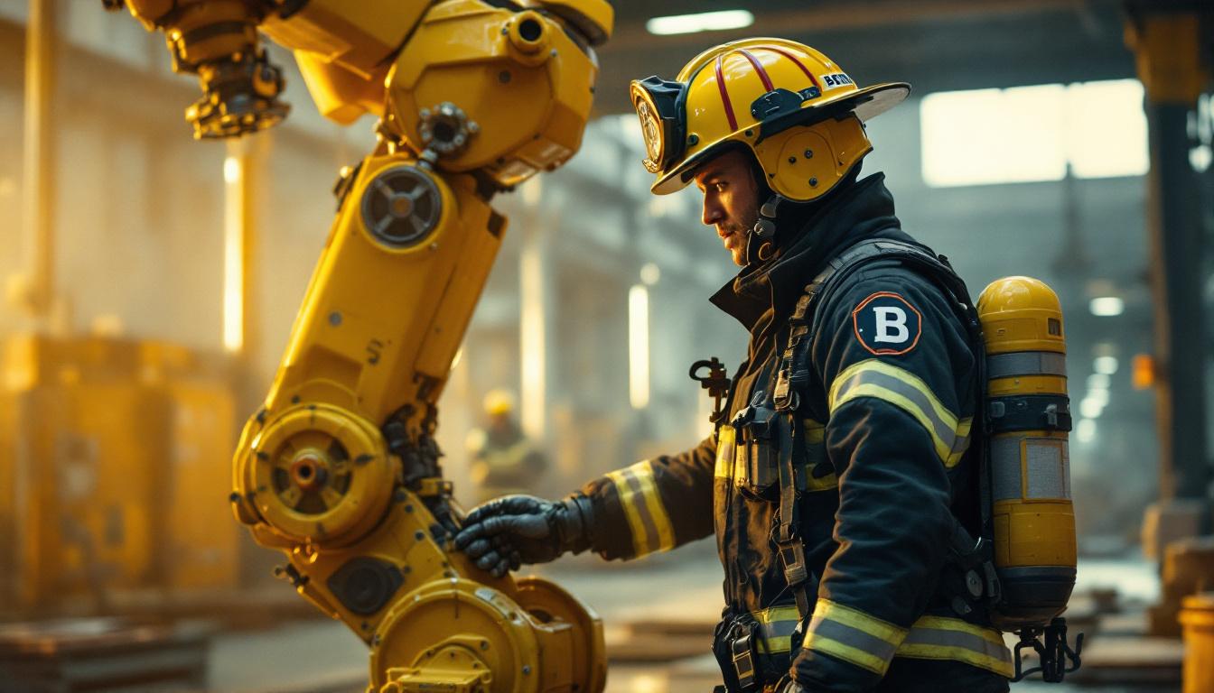 A photograph of a firefighter in full gear showcasing boston fire apparel while interacting with an industrial robot in a dynamic urban setting