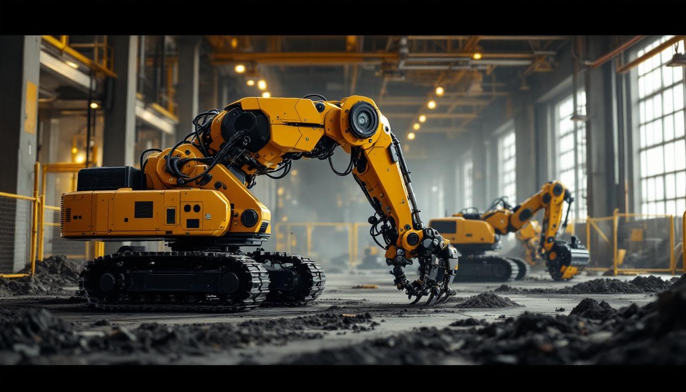 A photograph of a built robotics construction site featuring autonomous robotic machinery in action