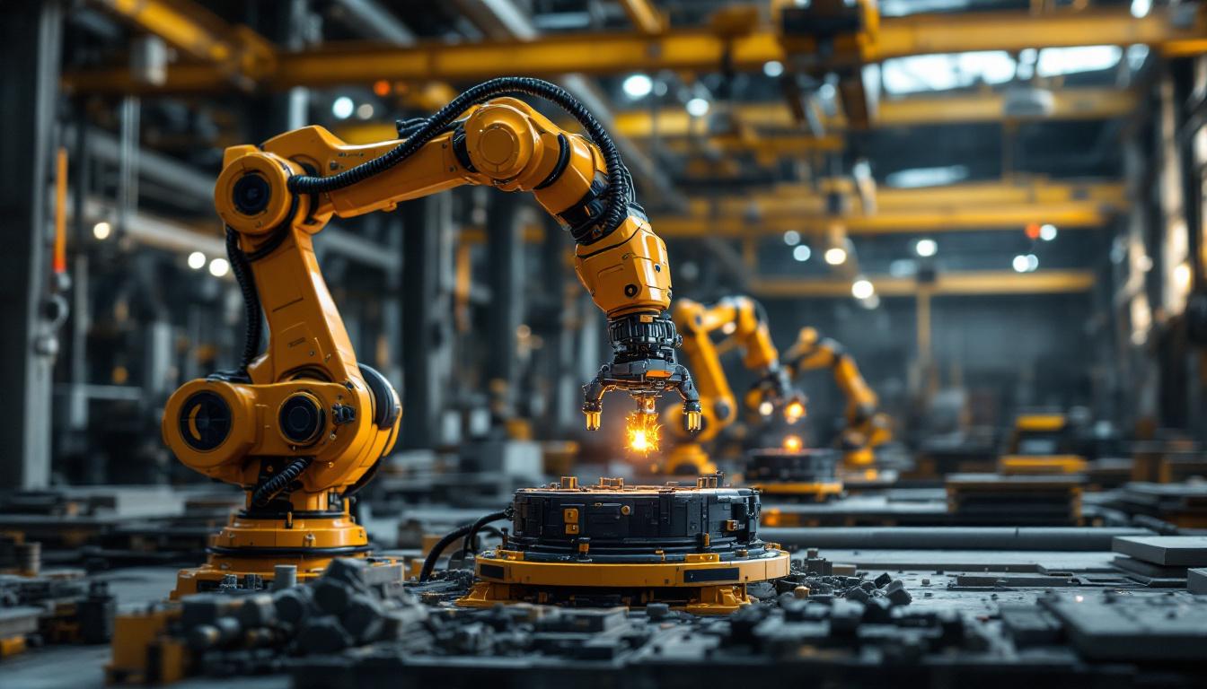 A photograph of a dynamic industrial setting featuring a robotic arm in action