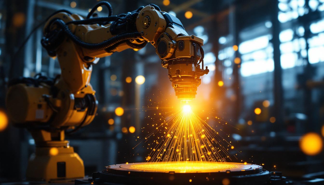 A photograph of a dynamic industrial setting featuring a robotic arm in action