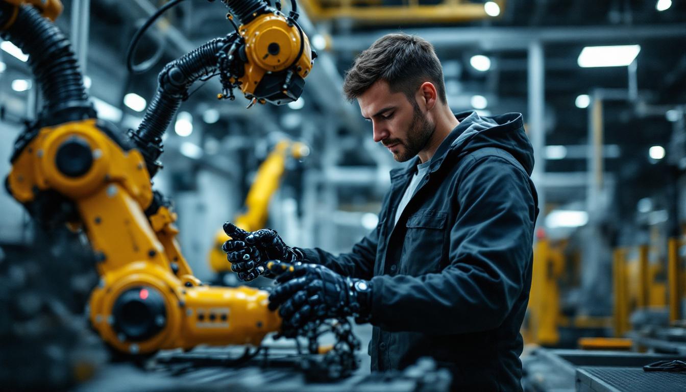 A photograph of a skilled technician working hands-on with an industrial robot in a modern training facility
