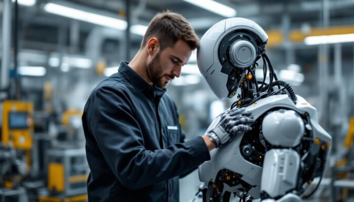 A photograph of a skilled technician assembling a sleek industrial robot in a modern manufacturing facility