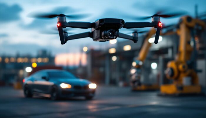A photograph of a drone equipped with a 360 camera flying above a car and an industrial robot