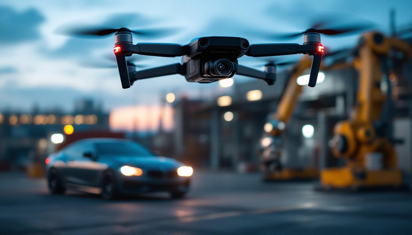 A photograph of a drone equipped with a 360 camera flying above a car and an industrial robot