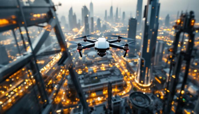 A photograph of a dynamic aerial view of dubai's skyline featuring drones in action alongside industrial robots at work