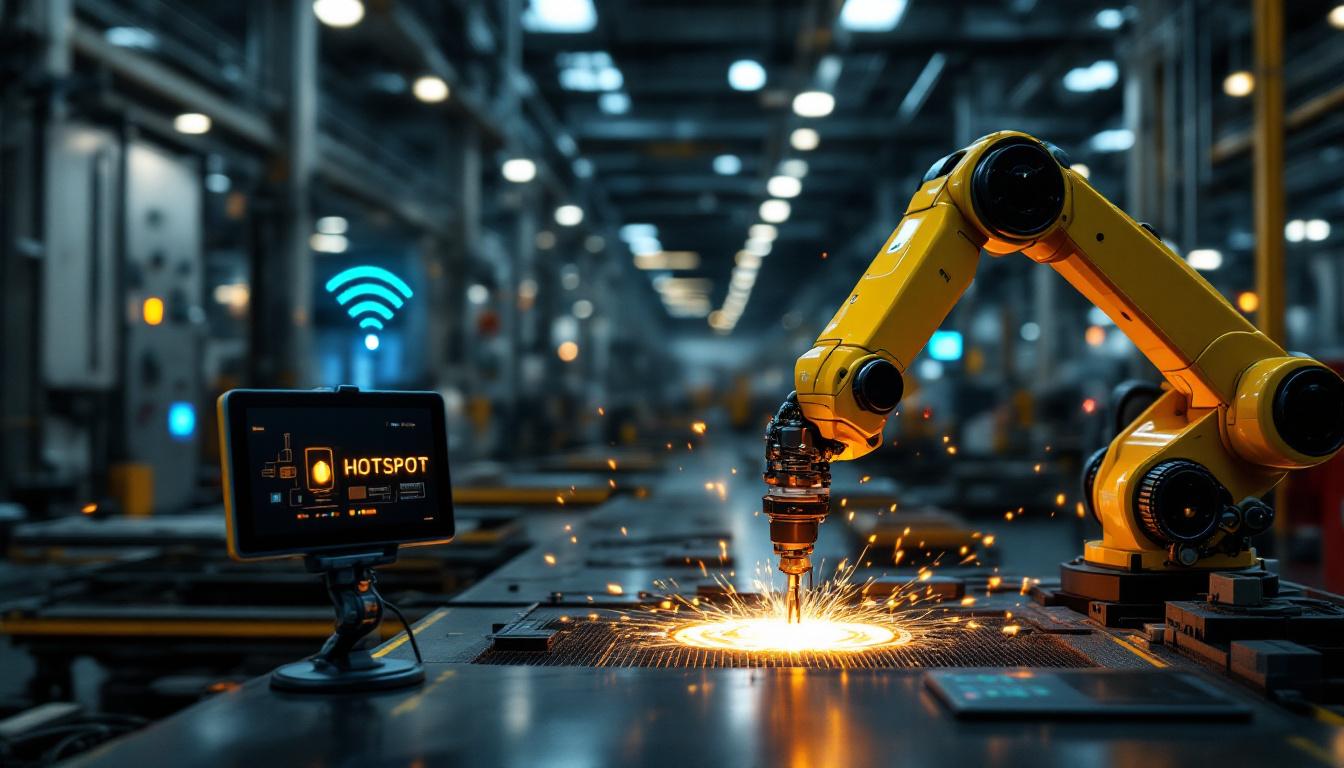 A photograph of a dynamic industrial setting featuring both a hotspot for wireless connectivity and an industrial robot in action