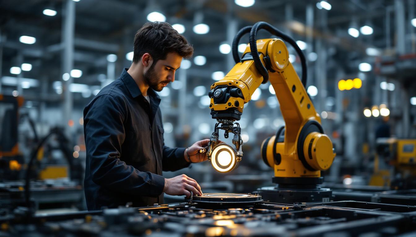 A photograph of a skilled technician programming an industrial robotic arm