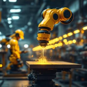 A photograph of a dynamic industrial setting featuring a robotic arm in action