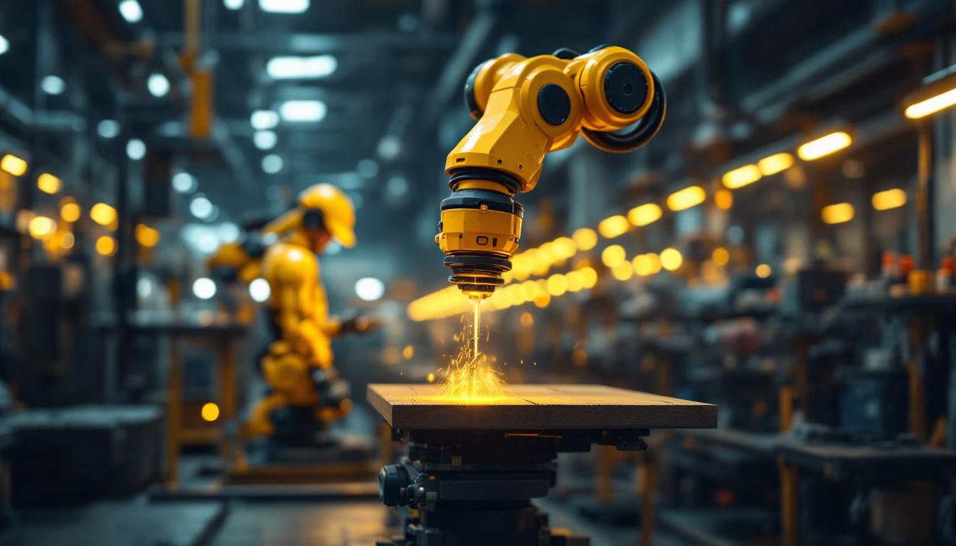 A photograph of a dynamic industrial setting featuring a robotic arm in action