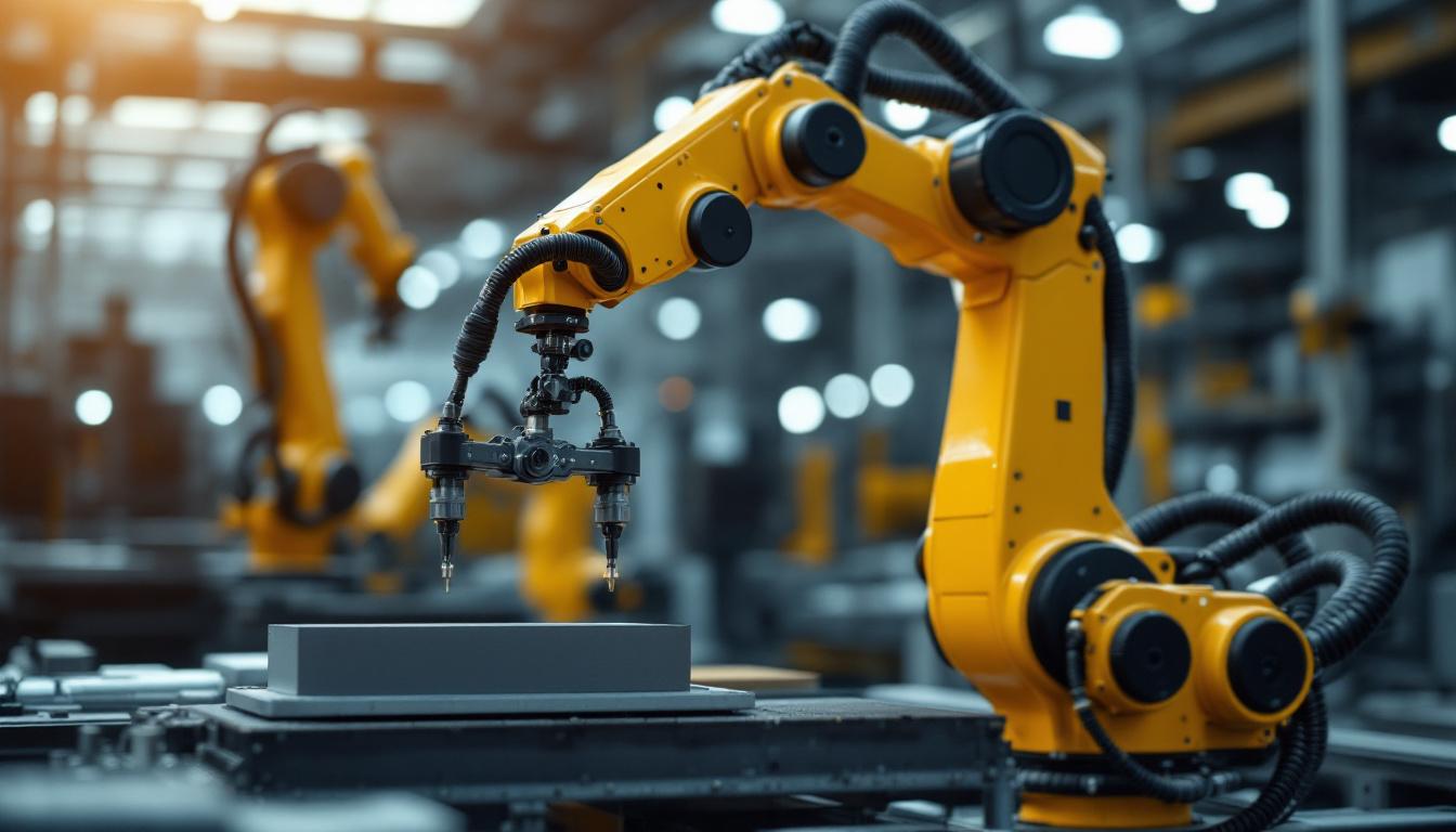 A photograph of a dynamic industrial robotic arm in action