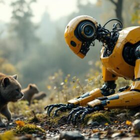A photograph of a dynamic scene showcasing both a variety of animals in their natural habitat alongside an industrial robot in action