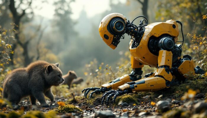 A photograph of a dynamic scene showcasing both a variety of animals in their natural habitat alongside an industrial robot in action