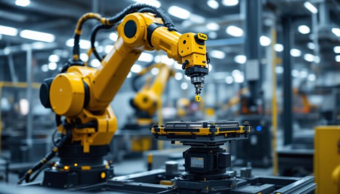 A photograph of capture a photograph of a modern industrial robotic arm in action within a high-tech manufacturing environment