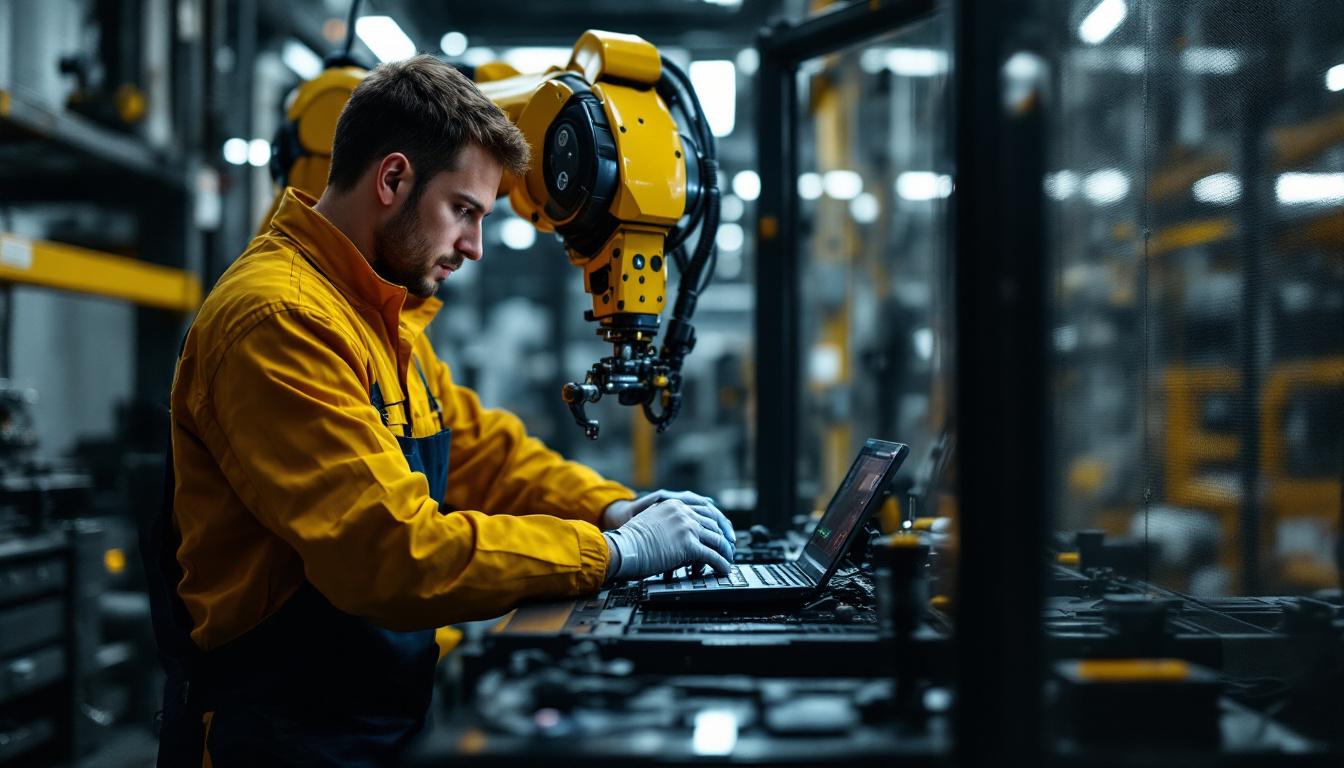 A photograph of a skilled technician operating an industrial robot in a modern consulting environment
