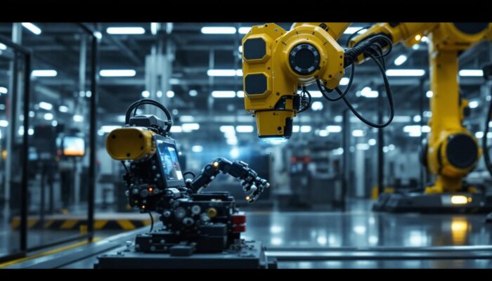 A photograph of a dynamic scene showcasing a cutting-edge industrial robot in action at a darpa facility